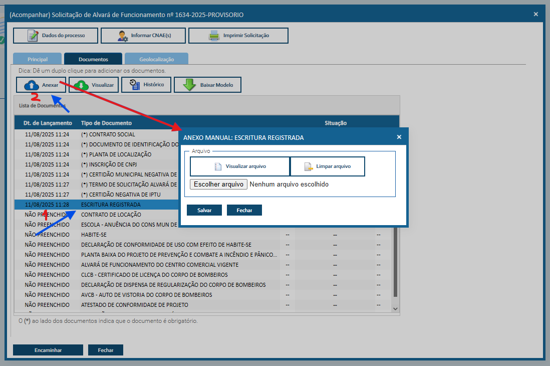 print da janela de anexo dos documentos no sistema