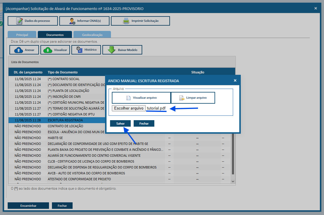 print da janela de anexo dos documentos no sistema