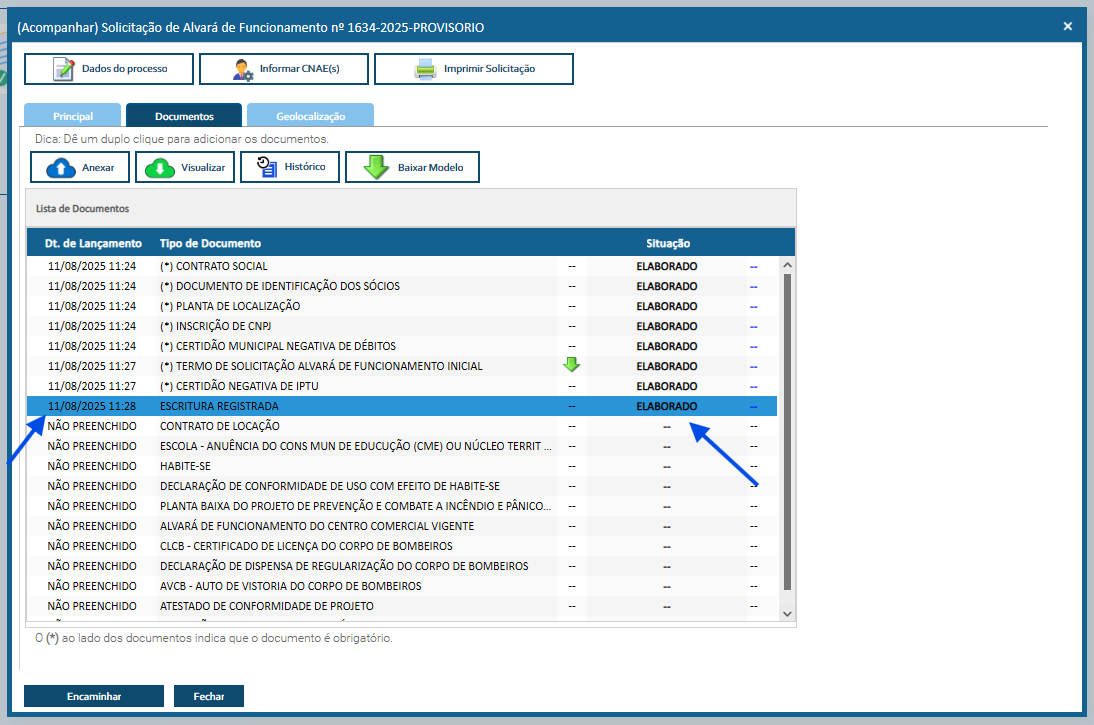 print da janelada situacao do documento apos anexado